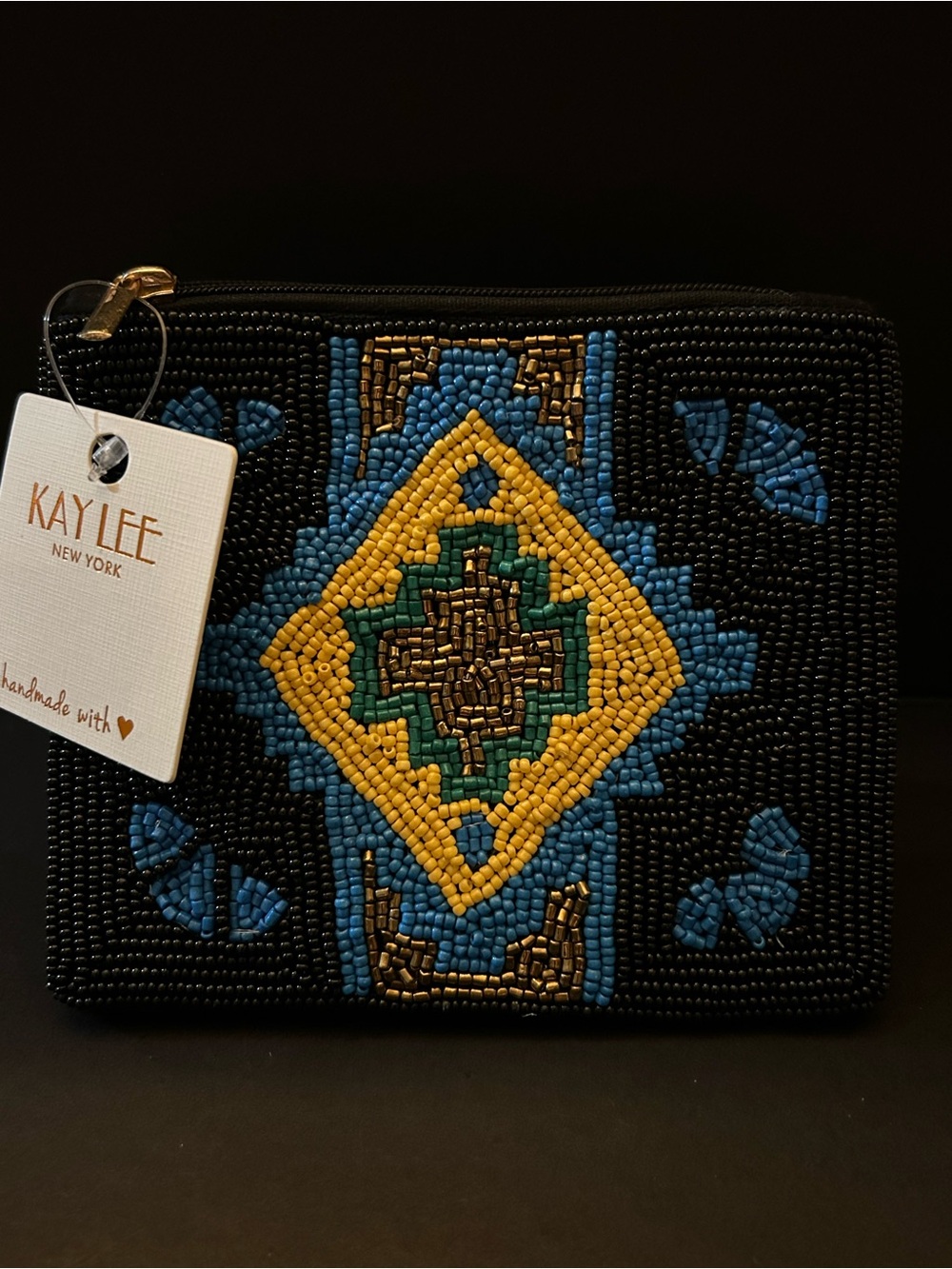 Black Hand-Beaded Cosmetic Zip-Top Pouch Case w/Blue & Yellow Geometric Design